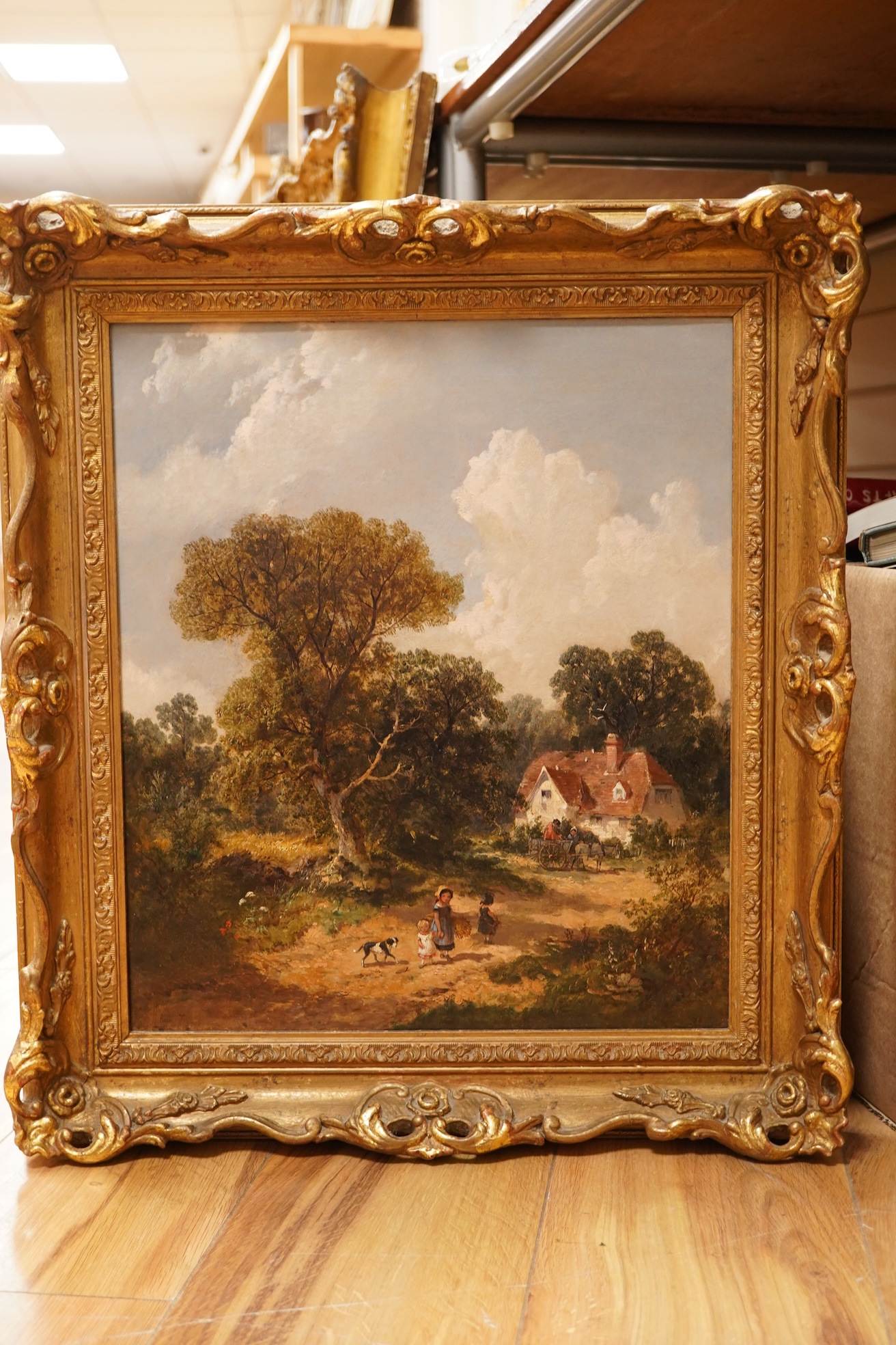 James Edwin Meadows (1828-1888), ‘Wooded Landscape with Peasants & Donkey Cart before a Cottage’, signed and dated 1861, ex. Stacy Marks, oil on canvas, ornate gilt framed, 40 x 34cm